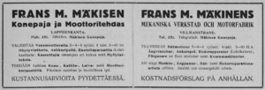 (1921) Reklame for motorer fra Frans M. Mäkisen