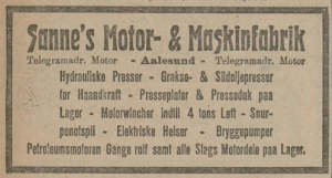 Reklame for S. Sannes Motor- og maskinfabrikk (Lofotposten 1920)