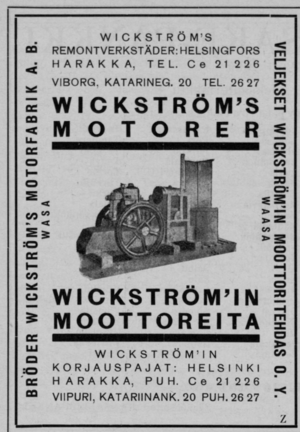 (1926) Reklame for Wickströms motorer