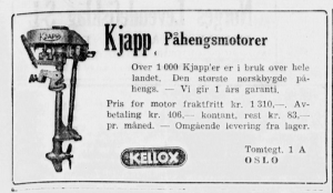 Reklame for Kjapp motoren fra Fiskaren 1956